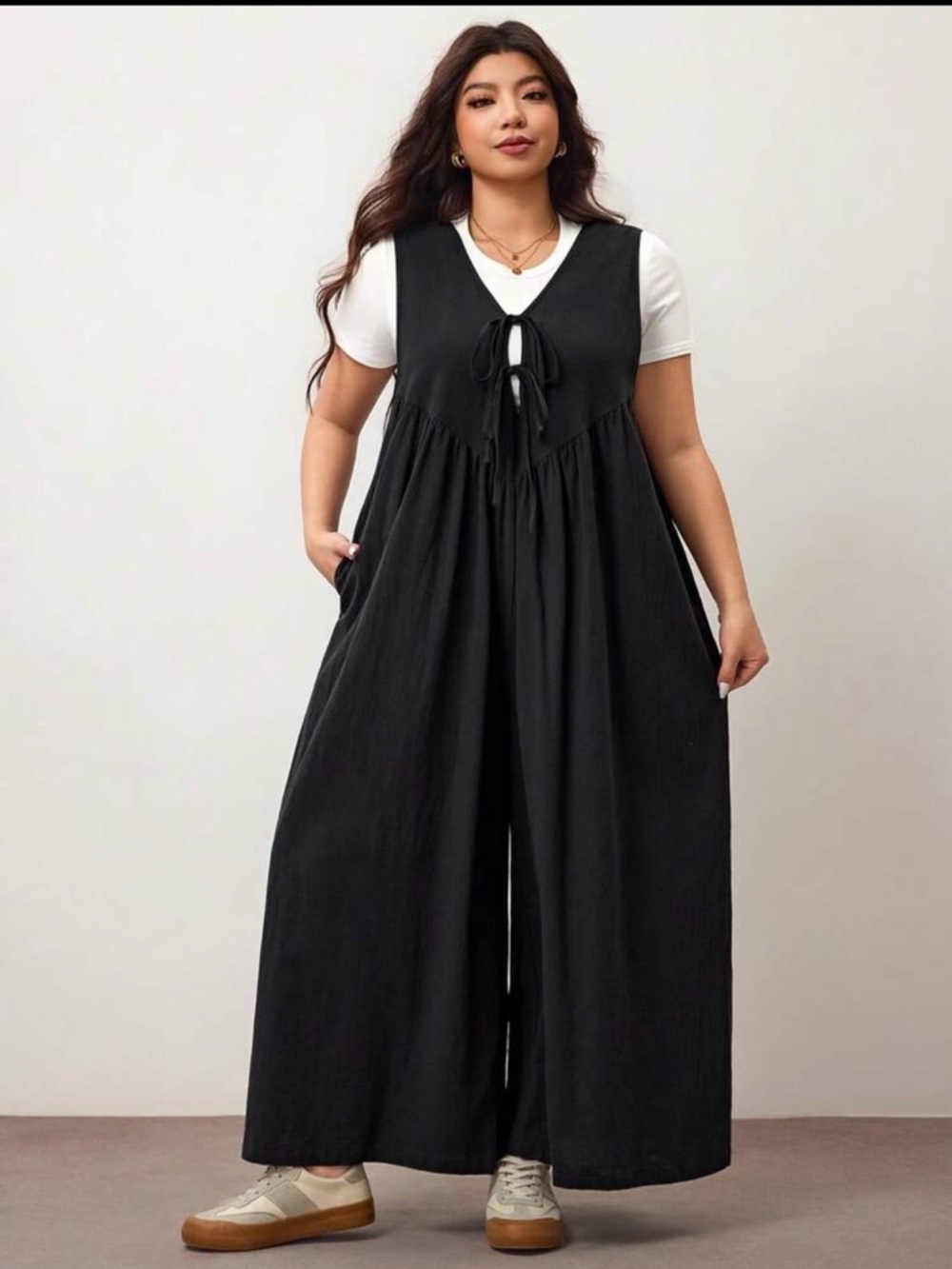 SHEIN Black Wide-Leg Tie-Front Jumpsuit with Pockets